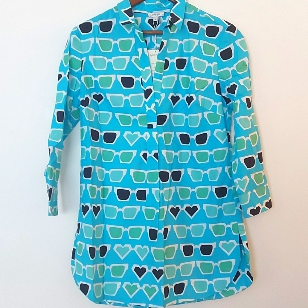 NWT Tyler Boe Novelty Sunglasses Print Popover Tunic Top 100% Cotton Size Small